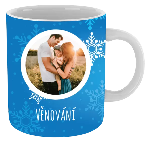 Vánoční hrnek Vločky na modrém pozadí