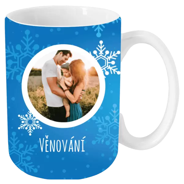 Vánoční hrnek Vločky na modrém pozadí