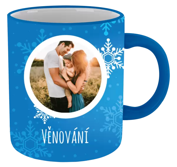 Vánoční hrnek Vločky na modrém pozadí